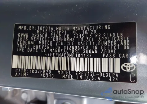 2021 Toyota Corolla Le из США, поврежденный, VIN 5YFEPMAE0MP181437